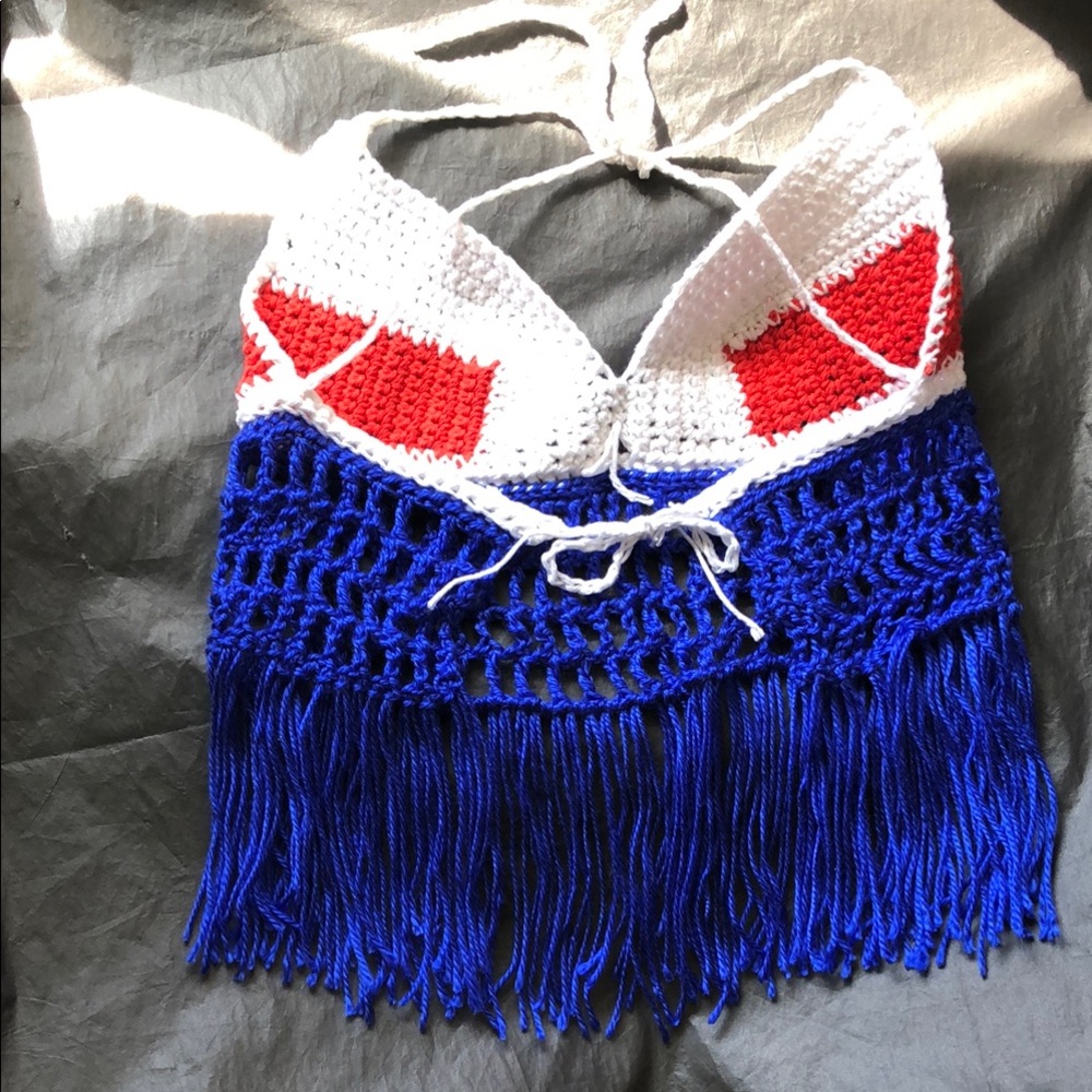 Red, White, and Blue Crochet Halter Top with Fringe - Picture 15 of 15